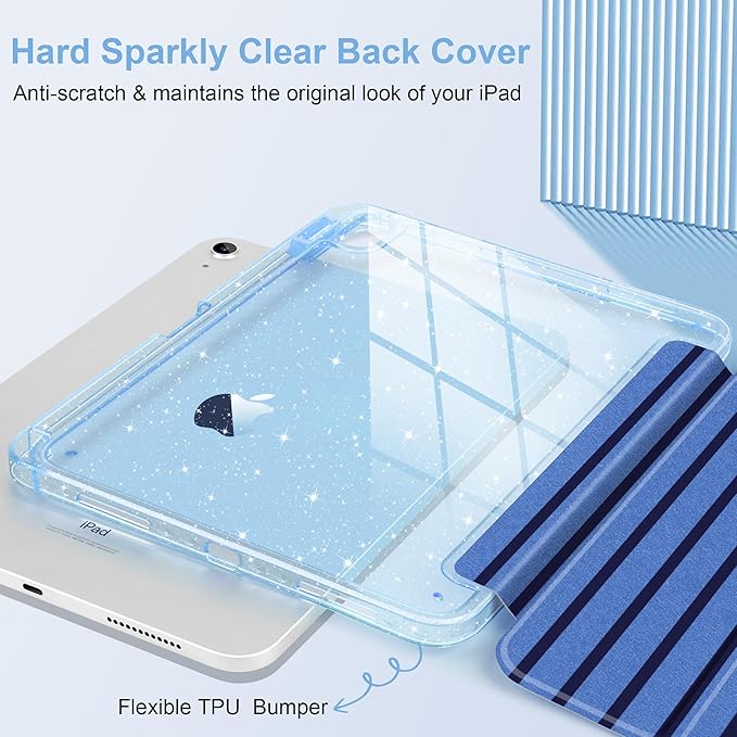 DONGKE for iPad Pro 11 inch Case – Fits M5 2025 / M4 2024 Shockproof Sparkling Glitter Acrylic Back Pencil Holder Trifold Stand Auto Sleep/Wake &amp Touch ID Support - Dark Blue Stripes
