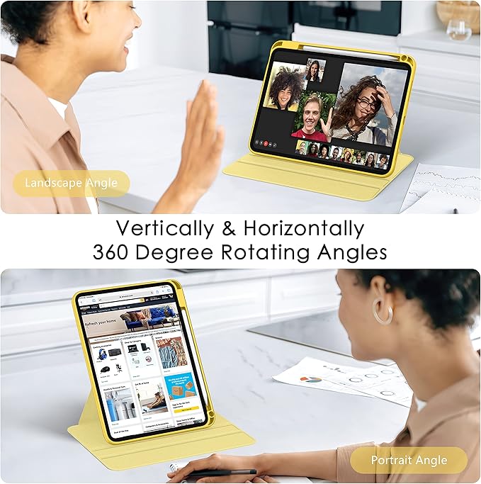 Soke Rotating Case for iPad (A16) 11th Generation 2025 iPad 10th Gen 2022 with Pencil Holder [Shockproof + Auto Sleep/Wake] 360 Degree Rotation Clear Back for iPad 11/10.9 - Yellow