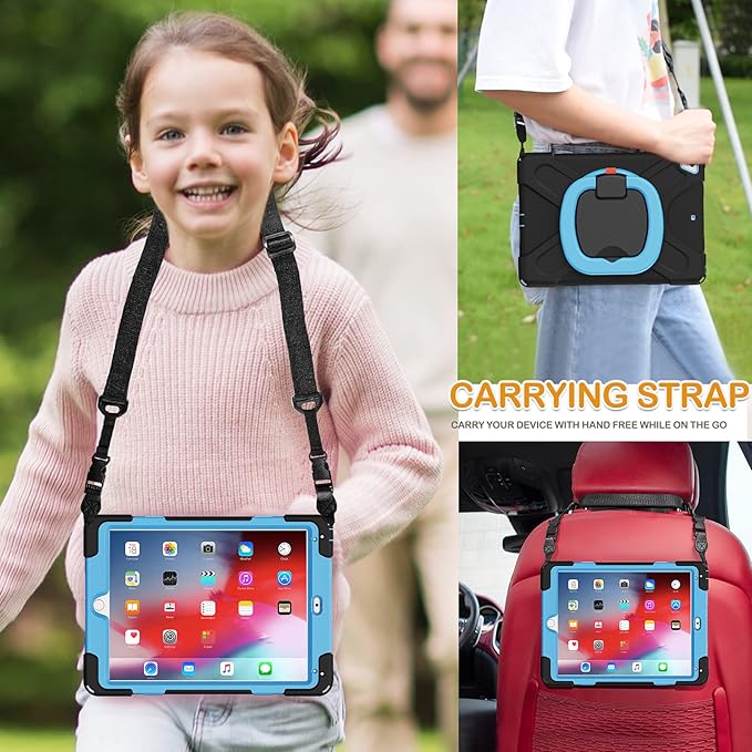 BRAECN Case for 9.7 iPad 6th/5th Generation iPad Air 2 &amp iPad Pro 9.7-Inch Heavy Duty Rugged Silicone Cover with 360 Rotating Handle Grip Pencil Holder Kickstand Shoulder Strap - Black+Blue
