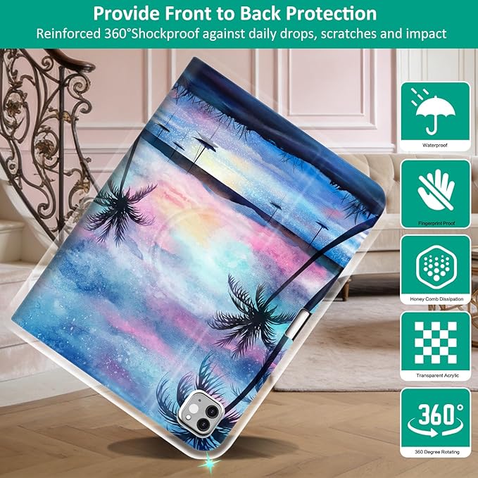 Lokigo Rotating Case for iPad Air 11 M4/M3/M2 (2026/2025/2024) iPad Air 5th/4th Gen (2022/2020) 10.9“ iPad Pro 11” (4th/3rd/2nd/1st) 360 Degree Stand Cover with Pencil Holder Purple Coconut Tree