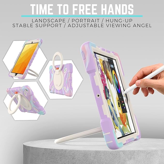 PEPKOO Triple Shockproof Case for iPad 9th/8th/7th Generation 10.2 inch 2021/2020/2019 Air 3rd Generation 10.5” Rugged Kid Cover with Pencil Holder/Handle Kickstand/Shoulder Strap Colorful Purple