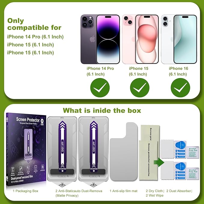 2-Pack Matte Privacy Glass Screen Protector for iPhone 14 Pro/15/16Anti-Glare &amp Anti-SpyAnti-ReflectionSmooth as SilkMilitary-Grade 9H HardnessEasy Installation