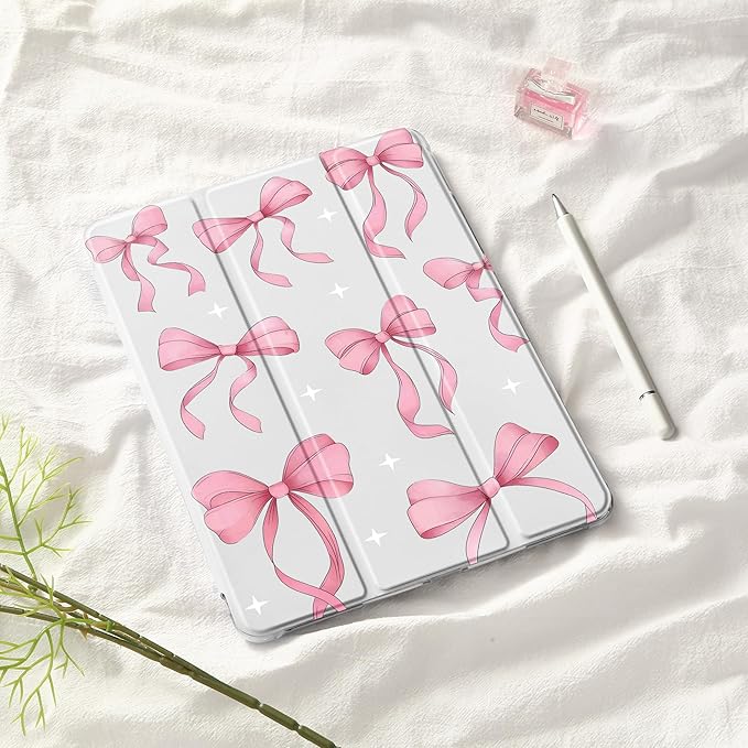 Idocolors Cute Pink Bow Case for 11 iPad Pro(2024) Tri-Fold Tablet Case with Auto Wake/Sleep &amp Pencil Holder - Vibrant Protective Cover for Women Girls and Teens White