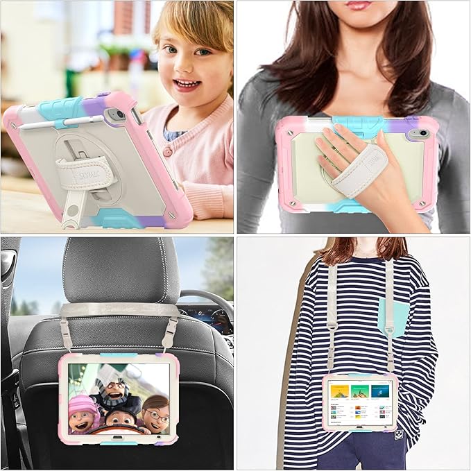 SEYMAC stock Case for iPad (A16) 11th/10th Generation 11''/10.9'' 2025/2022 Full-Body Drop Protection Case with Screen Protector &amp360° Rotate Hand Strap/Stand Yellowish+Pink