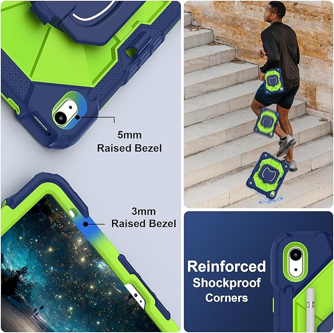 Case for iPad (A16) 11th Generation 11 Inch (2025) / iPad 10th Generation Case 10.9 Inch (2022) with 360° Rotating Stand Screen Protector Pen Holder Shoulder Strap Navy Green