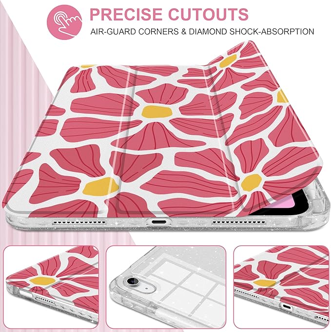 MEEgoodo Case for iPad A16 11th Generation 2025/10th Generation 2022 Glitter Tablet Cases with Transparent Acrylic Back+Trifold Stand +Pencil Holder+Auto Wake/SleepPrint with Flowers