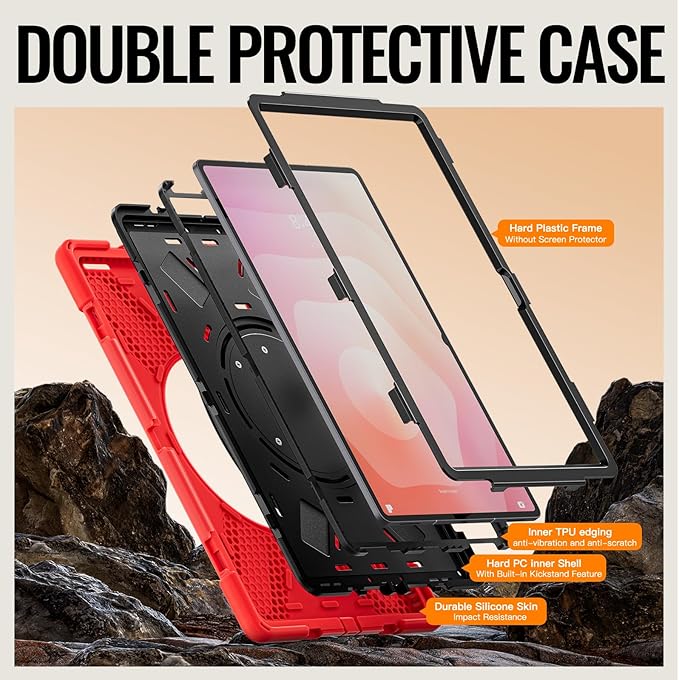 for Galaxy Tab S11 Ultra Rotating Case 14.6inch Heavy Duty Hybrid Rugged Case with S Pen Holder Shockproof Kids Cover with 360 Rotation Stand/Shoulder Strap (Red)