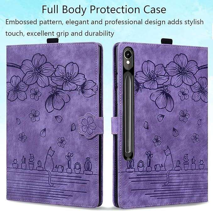Case for Samsung Galaxy Tab S10 FE+/S10 FE Plus 13.1 Inch 2025 (SM-X620/SM-X626B) with Pencil Holder/Pockets Folio Stand Embossed Cherry Blossom PU Leather Magnetic Wallet Cover Purple Cat