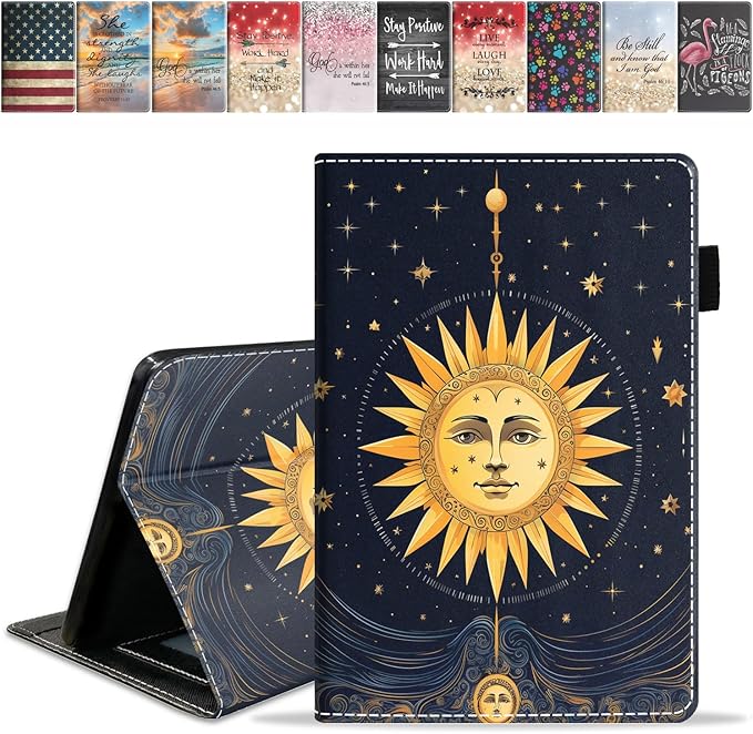 Case for Amazon Kindle Fire 7 Tablet (7 9th/7th Generation 2019/2017 Release) Slim PU Leather Cover with Card Slot &amp Auto Wake/Sleep Mysterious Bohemian Celestial Theme Sun