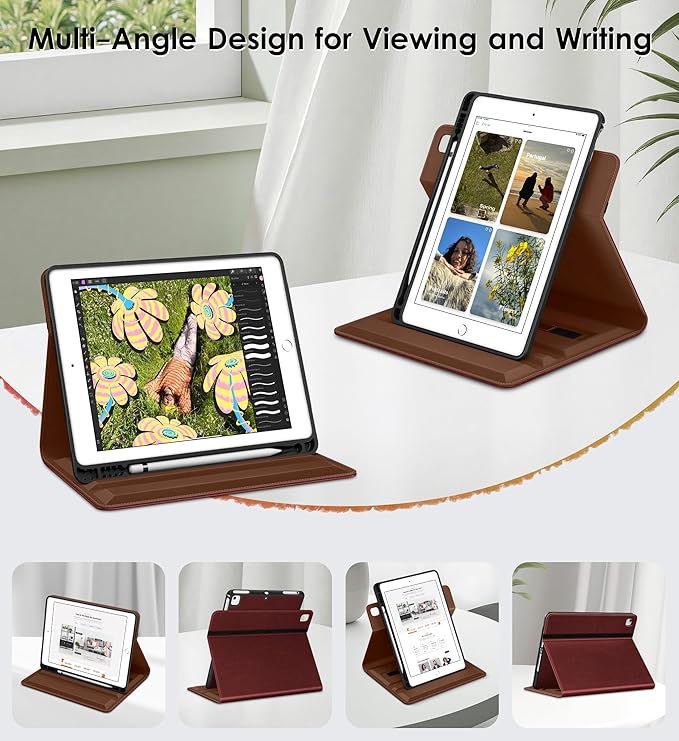 DTTO Rotating Case for iPad 6th / 5th Generation 9.7 Inch 2018/2017 iPad Air 2 / Air 1 Case 360 Degree Swiveling Premium Leather Folio Stand Cover with Pencil Holder Wine Red
