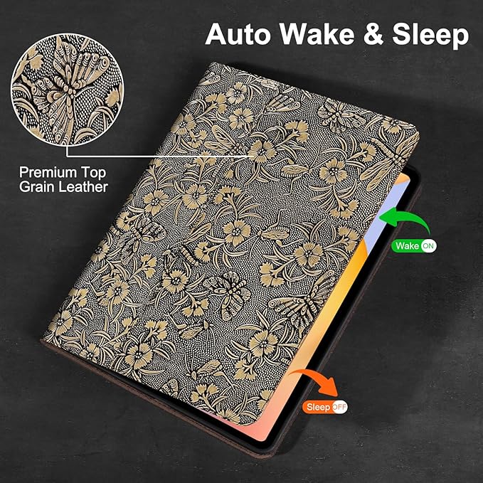 Gexmil Genuine Leather Case for Samsung Galaxy Tab S6 Lite 10.4 Inch with Pencil HolderShockproof Protective Adjustable Kickstand Smart Premium Folio Flip Tablet Cover Butterfly Grey
