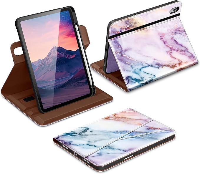 DTTO for iPad A16 Case iPad 11th / 10th Generation Case (2025/2022) 360 Degree Rotating Premium Leather Folio Stand Cover with Pencil Holder Marble Pink
