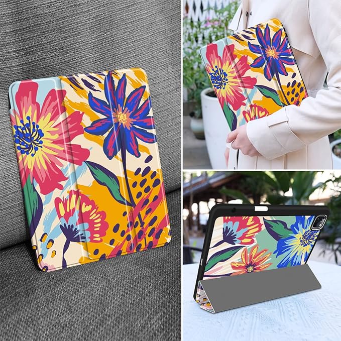 MEEgoodo for iPad Pro M2 12.9 Case 6th/5th/4th/3rd Generation 2022 2021 2020 2018 with Pencil Holder Tablet Cover with Soft TPU Back Shell Art Painted Flowers