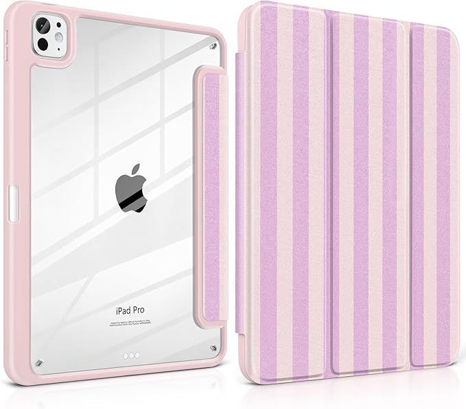 DONGKE for iPad Pro 11-Inch Case (M5 2025 / M4 2024) 6th/5th Generation [Auto Sleep/Wake &amp Pencil Pro Holder] Clear Acrylic Back Smart Trifold Stand Cover Pink Stripes