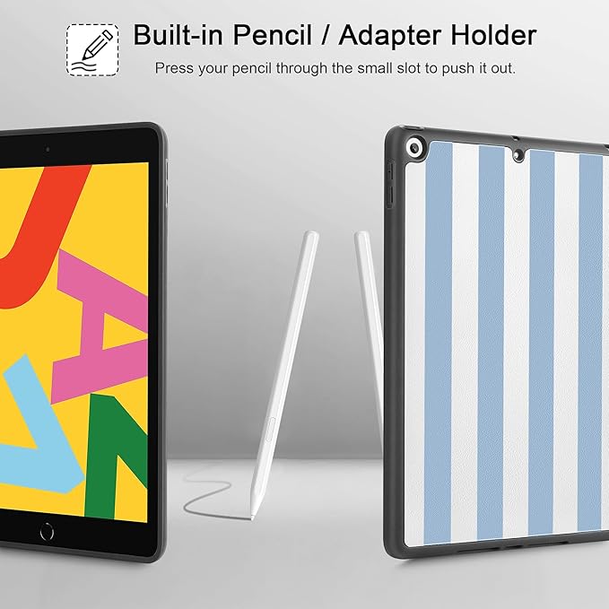 Tuiklol Case for iPad 10.2 Inch 2021 2020 2018 Release 9th / 8th / 7th Generation Built-in Pencil Holder TPU Protective Stand Back Cover Trifold Stand-Auto Wake/Sleep Striped Blue