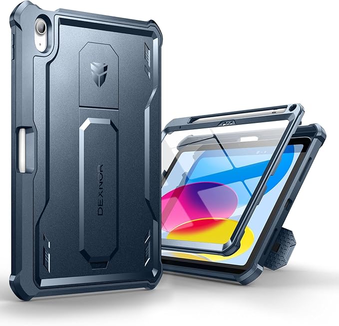 Dexnor for iPad 10th Generation Case (2022) with Built-in Screen Protector - [Pencil Holder and Kickstand] Heavy Duty Shockproof Full Body Protective Cover for iPad 10.9 Inch 10th Gen Case-Blue