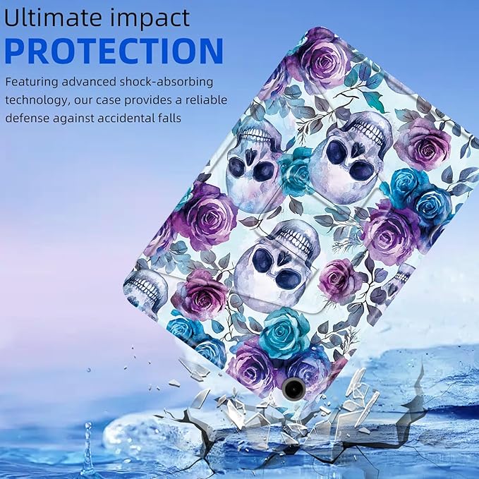 for Samsung Galaxy Tab A9 Plus Case 10.9-inch Rotating Auto Wake Sleep for Samsung A9 Plus Tablet Case Leather Cover for Galaxy Tab A9+ Skull Roese for Tab Cover for Woman Man