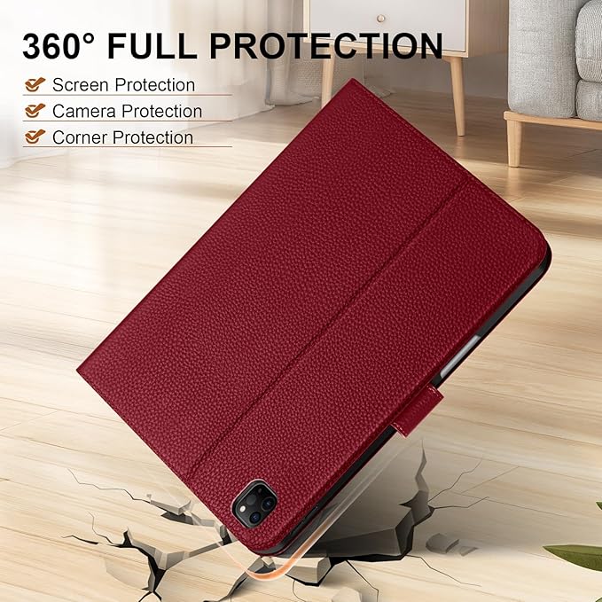 Genuine Leather Case for iPad Pro 12.9 inch 6th/5th/4th/3rd Generation 2022/2021/2020/2018 | with Pencil Holder and Adjustable Stand Magnetic Closure Auto Wake/Sleep Cover | Wine Red