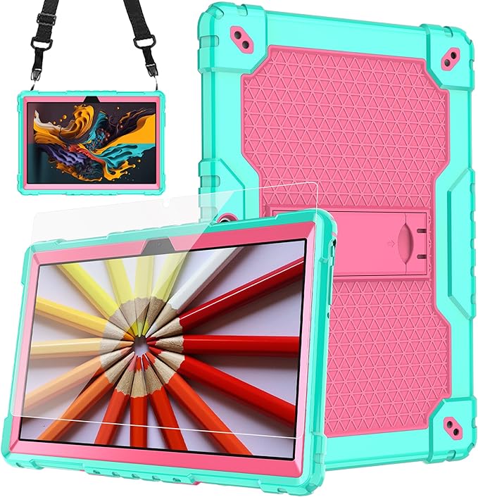 for Vankyo MatrixPad S10 Tab Case YQSAVIOR CUPEISI Coopers YQ10S VIVIMAGE A10 A38 BYANDBY BYYQ10S 10.1 Case Built in Kickstand Shoulder Strap Shell with Screen Protector (Green+Pink/1 Pcs)