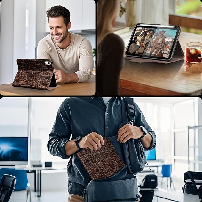 Gexmil Premium Leather Case for iPad mini 7 (A17 Pro) 2024 / iPad mini 6 Generation 2021 8.3 InchPencil Holder Magnetic ClosureShockproof Cowhide CoverAdjustable StandBuffalo Brown