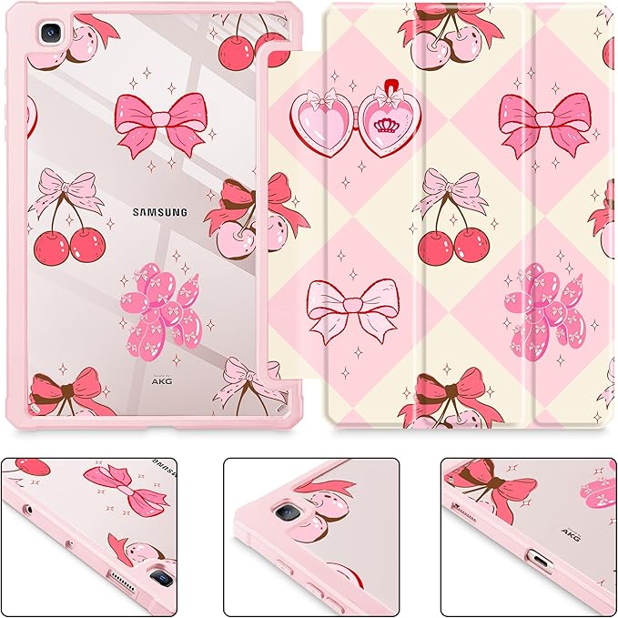 Mektron Case for Samsung Galaxy Tab S6 Lite 10.4 Inch 2024/2022/2020 with S Pen Holder Multi-Angle Viewing with Shockproof Cover Clear Shell + Trifold Stand + Auto Wake/Sleep Cherry with Bows
