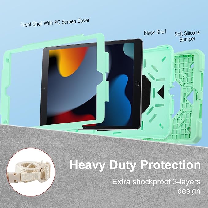 Case for iPad 9th Generation (2021) /iPad 8th Gen (2020)/iPad 7th Gen (2019) Military Grade Shockproof iPad Case Built-in 360°Rotating Stand/Pen Slot/Shoulder Strap for iPad 10.2 (Mint)