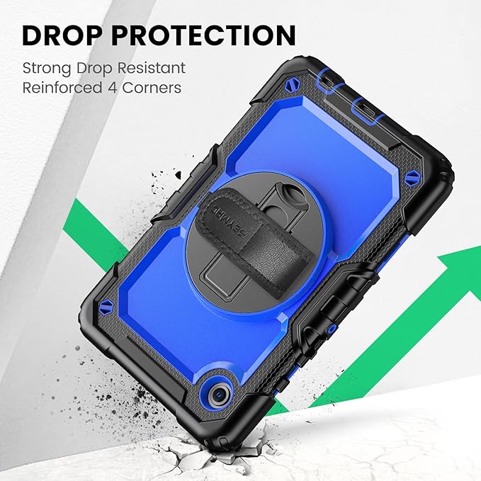 SEYMAC for Samsung Galaxy Tab A9 Case 8.7 Inch 2023 (SM-X110/X115/X117) Heavy Duty Shockproof Protective Case with Screen Protector Rotating Stand Hand/Shoulder Strap and Pen Holder Blue