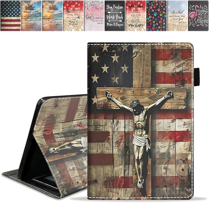 Case for Amazon Kindle Fire 7 Tablet (7 9th/7th Generation 2019/2017 Release) Slim PU Leather Cover with Card Slot &amp Auto Wake/Sleep American Flag Cross Jesus
