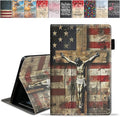 Case for Amazon Kindle Fire 7 Tablet (7 9th/7th Generation 2019/2017 Release) Slim PU Leather Cover with Card Slot &amp Auto Wake/Sleep American Flag Cross Jesus