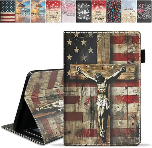 Case for Amazon Kindle Fire 7 Tablet (7 9th/7th Generation 2019/2017 Release) Slim PU Leather Cover with Card Slot &amp Auto Wake/Sleep American Flag Cross Jesus