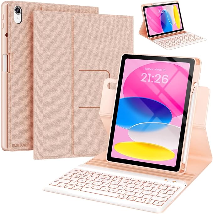 BLUTLOTUS Keyboard Case for iPad 10th Generation 2022 10.9 inch360° Rotatable Keyboard Case with Pencil Holder 7 Color Backlit Detachable Bluetooth KeyboardSmart Folio Tablet Cover (Rose Gold)