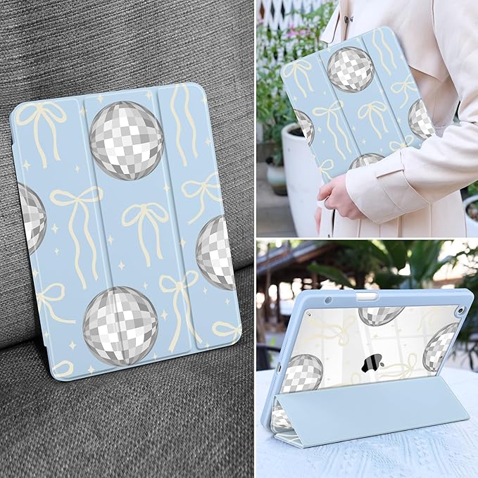 MEEgoodo Case for iPad 10.2 inchTablet Cases for iPad 9th Generation 2021/8th Gen 2020/7th Gen 2019 with Clear Acrylic Back Shell+Pencil Holder+Auto Wake/Sleep+Trifold StandSilver Disco Balls &amp