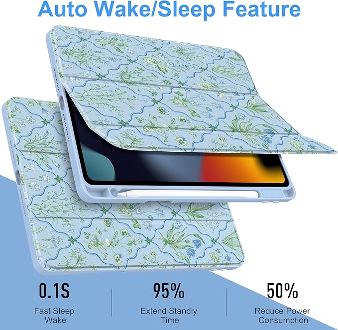 DONGKE for iPad 9th/8th/7th Generation Case 10.2 Inch (2021/2020/2019) [Auto Sleep/Wake &amp Pencil Holder] Clear Acrylic Back Trifold Stand Cover Lattice Floral