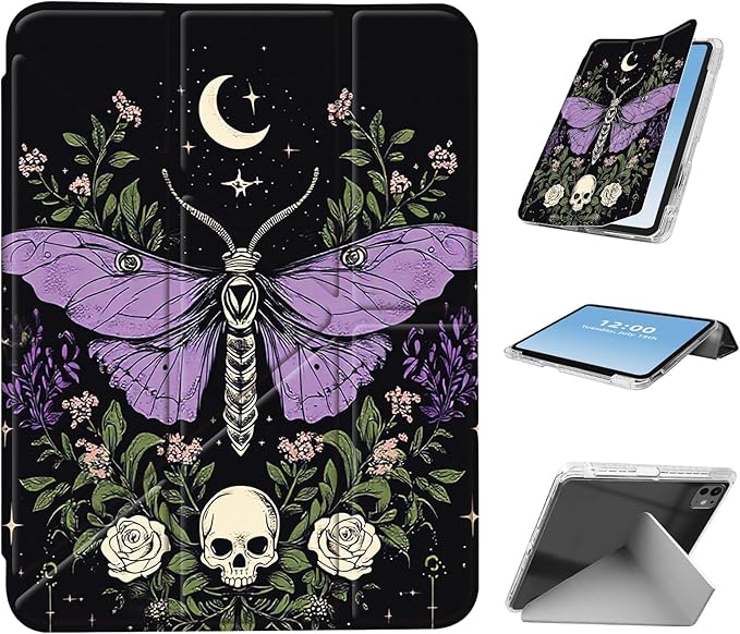 for iPad Pro 11 2024 Case with Pencil Holder Foldable Y-Shaped Protective Cover Stylish Clear Multi-Angle Viewing &amp Auto Sleep/Wake Moth &amp Crescent Tablet Case