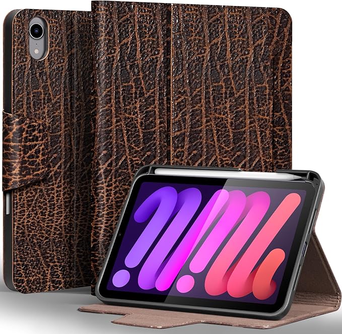 Gexmil Premium Leather Case for iPad mini 7 (A17 Pro) 2024 / iPad mini 6 Generation 2021 8.3 InchPencil Holder Magnetic ClosureShockproof Cowhide CoverAdjustable StandBuffalo Brown