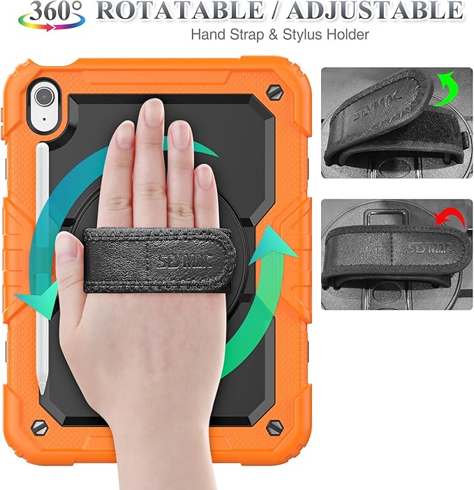 SEYMAC stock Case for iPad (A16) 11th/10th Generation 11''/10.9'' 2025/2022 Full-Body Drop Protection Case with Screen Protector &amp360° Rotate Hand Strap/Stand Black+Orange