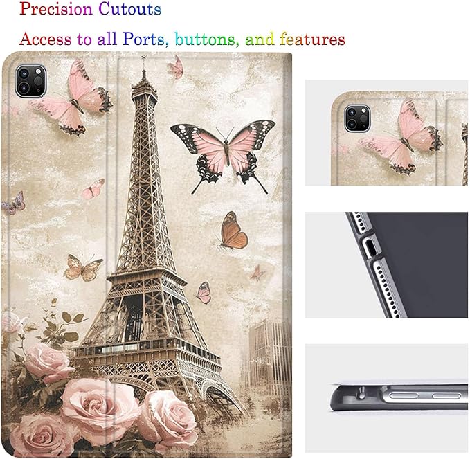 Case for Samsung Galaxy Tab A11/A9 8.7-Inch 2025/2023Adjustable Stand Auto Wake/Sleep Function Full Body Protection Cover - Eiffel Tower Butterfly Rose