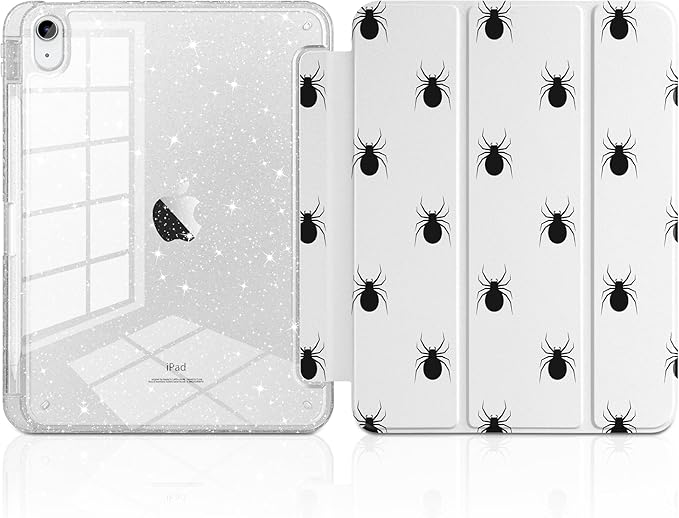 MEEgoodo Case for iPad A16 11th Generation 2025/10th Generation 2022 Glitter Tablet Cases with Transparent Acrylic Back+Trifold Stand +Pencil Holder+Auto Wake/SleepSpider Pattern