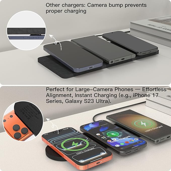 ZealSound Wireless Charging PadTriple Wireless Charger Pad Multiple Devices Compatible with iPhone Phone New AirPods Galaxy Buds Ultra-Slim PU Leather Wireless Charging Mat for Smartphone Phone Black