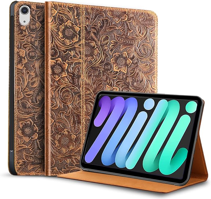 Gexmil Case for iPad mini 7 (A17 Pro) 2024 iPad mini 6 Generation Genuine Leather 8.3 Inch Case 2021 CoverAnti Fingerprint/SlipCowhide Folio Cover Auto Sleep/Wake with Adjustable StandBrown