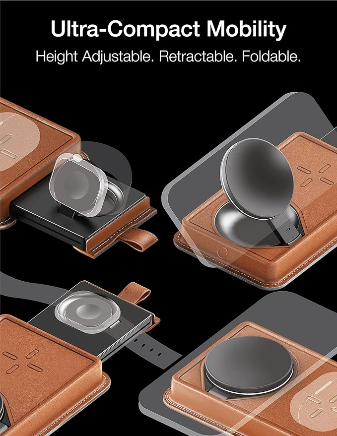 VogDUO 3 in 1 Wireless Magnetic Charging Stand - 15W Charger Dock Station with Genuine Leather 6ft Extension Cables Switchable Nightlight for iPhone AirPods Apple Watch (Tan)