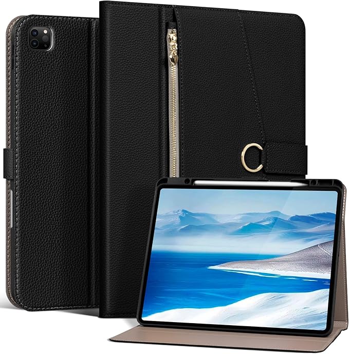 Premium Microfiber Leather Case for iPad Pro 12.9 (2018-2022 6th/5th/4th/3rd Gen) | Black with Zippered Pocket Buckle Pencil Holder Auto Wake/Sleep Multi StandBalck