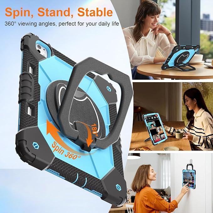 Case for iPad Pro 13 Inch M5 2025 / M4 2024 Auorld for iPad Pro 13 Inch M5 2025 with Screen Protector 360 Degree Rotating Stand Shoulder Strap Pencil Holder Black Blue