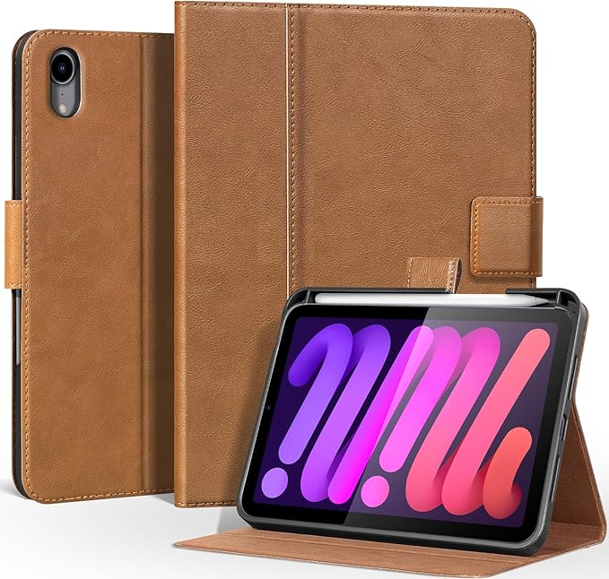 Genuine Leather Case for iPad mini 7th A17 pro 2024iPad mini 6th Generation 8.3 Inch 2021Premium Leather Folio with Pencil HolderMagnetic Closure Smart Cover Auto Wake/SleepBrown