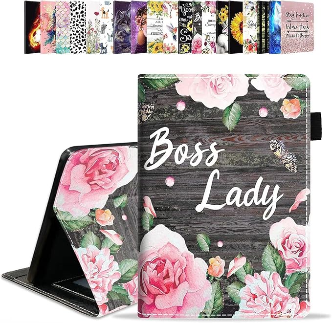 Case for Amazon Kindle Fire HD 10 &amp 10 Plus Tablet 10.1 (13th/11th Generation 2023/2021 Release) - PU Leather Folio Case with Smart Auto Wake/Sleep Floral Quote Boss Lady