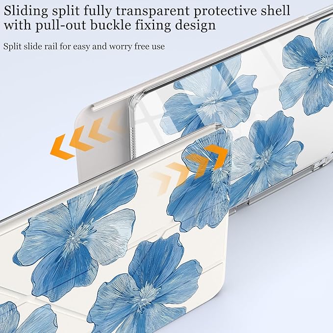 Cute Blue Flower for iPad (A16) 11th/10th Generation Case 11 Inch/10.9 Inch 2025/2022 with Pencil Holder Auto Sleep/Wake White Leather Acrylic Back Detachable Cover