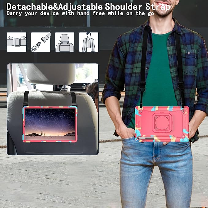 DETUOSI Case for Samsung Galaxy Tab S10 FE Plus 13.1 inch 2025 with Pencil Holder Heavy Duty Shockproof Case with Rotatable Stand &amp Shoulder Strap Camouflage Rose Red