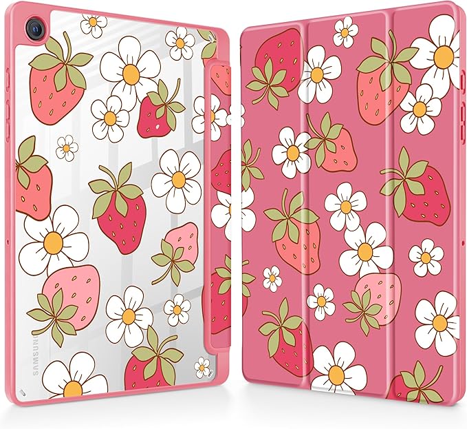 Tuiklol for Samsung Galaxy Tab A9+ Tablet 11” / A9+ Plus 2024 2023Buit-in S-Pen Holder with Clear Protective Cover Transparent Back Shell Auto Wake/Sleep Samsung Tab A9 Plus CoverStrawberries
