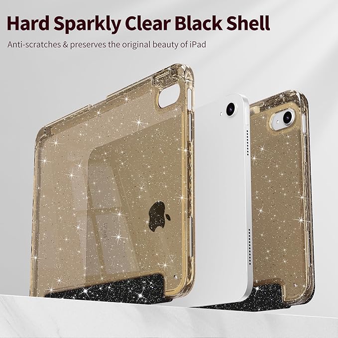 Tuiklol Sparkly Case for iPad (A16 Chip) 11th Gen 11 inch 2025 / iPad 10th Gen 10.9 inch 2022 Built in Pencil Holder with Glitter Clear Back Shell Cover Trifold Stand Auto Wake/Sleep Sparkly-Black