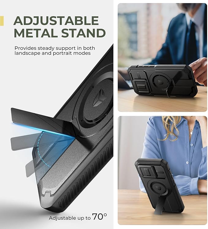 Dexnor for iPhone 15 Pro Case with Slide Camera Cover &amp Adjustable Kickstand &amp Built-in Screen Protector Magnetic Rugged Shockproof Bumper Cases Heavy-Duty Magnetic Protective CoverBlack